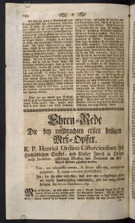 782-788, Ehren-Rede die bey vollbrachten ersten heiligen Meß-Opffer...