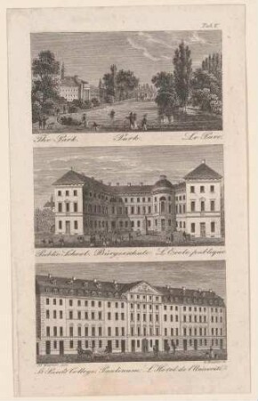 Drei Ansichten von Leipzig: Park, Bürgerschule und Paulinum, Tafel V aus Gretschels Leipzig und seine Umgebungen