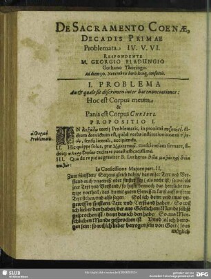De Sacramento Coenae, Decadis Primae Problemata IV. V. VI. Respondente M. Georgio Fladungio Gothano Thuringo