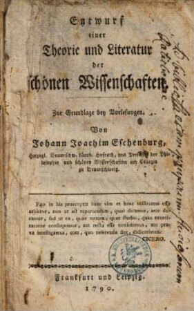 Entwurf einer Theorie und Literatur der schönen Wissenschaften : Zur Grundlage bei Vorlesungen