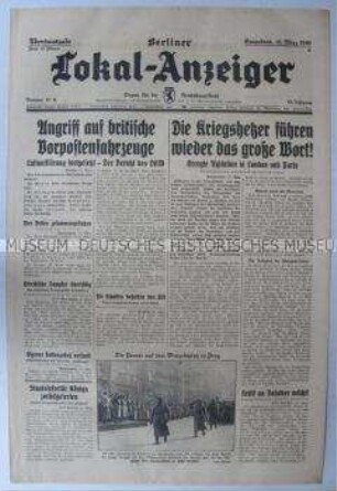 Tageszeitung "Berliner Lokal-Anzeiger" u.a. zur Parade der Wehrmacht auf dem Wenzelsplatz in Prag anlässlich des 1. Jahrestages des Protektorats