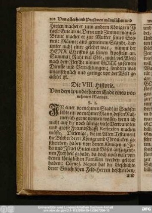 Die VIII. Historie. Von dem wunderbaren Ende eines vornehmen Mannes.