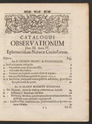 Catalogus Observationum Dec. III. Ann. IV. Ephemeridum Naturae Curiosorum.