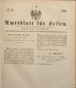 № 11. Ausgegeben zu Cassel am 1. März 1867.
