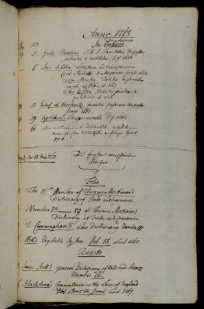 Aus England verschriebene Bücher. - Von Hannover geschickt. - Vom Hh. Prof. Heyne der Bibliothek gegeben.