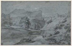 Berglandschaft mit kleinem Rundtempel im Mittelgrund