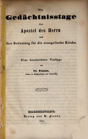 Die Gedächtnisstage der Apostel des Herrn u. ihre Bedeutung für die evangelische Kirche