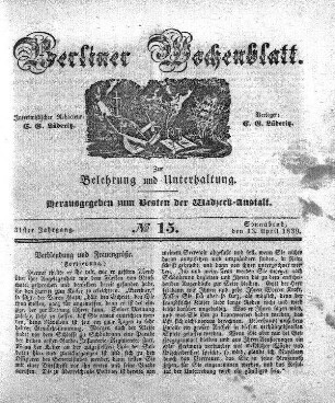 No. 15, Sonnabend, den 13. April 1839.