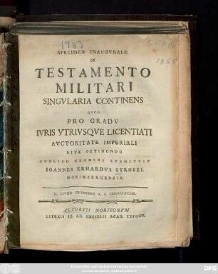 Specimen Inavgvrale De Testamento Militari Singvlaria Continens
