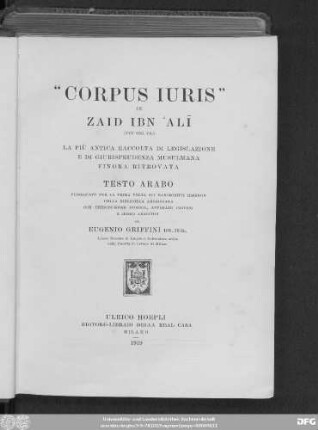 "Corpus iuris" di Zaid Ibn 'Alī (VIII sec. Cr.) la più antica raccolta di legislazione e di giurisprudenza musulmane finora ritrovata