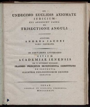 De undecimo Euclidis axiomate iudicium cui accedunt pauca de trisectione anguli