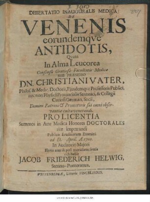 Dissertatio Inauguralis Medica De Venenis eorundemque Antidotis