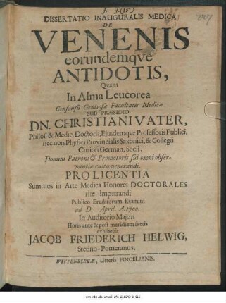 Dissertatio Inauguralis Medica De Venenis eorundemque Antidotis
