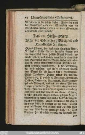 Das 12. Hülfs-Mittel. Wider die Schmertzen, Blödigkeit und Kranckheiten der Augen.
