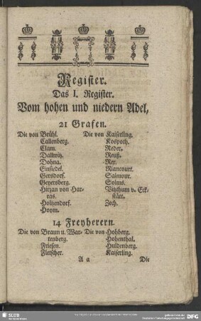 Das I. Register. Vom hohen und niedern Adel