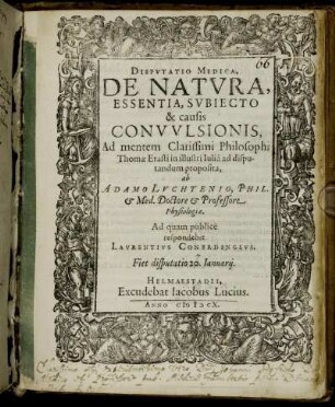 Disputatio Medica, De Natura, Essentia, Subiecto & causis Convulsionis