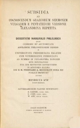 Subsidia ad cognoscendum Graecorum sermonem vulgarem e Pentateuchi versione Alexandrina repetita