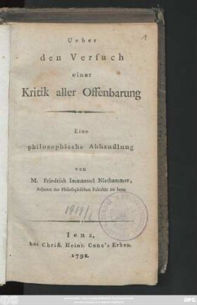 Ueber den Versuch einer Kritik aller Offenbarung : Eine philosophische Abhandlung