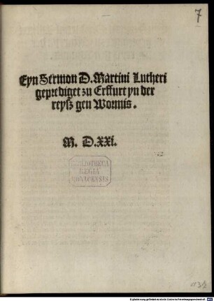 Eyn Sermon D. Martini Lutheri geprediget zu Erffurt yn der reyß gen Wormis