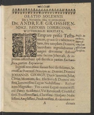 Oratio Solemnis Die 5. Novembr. 1622. in promotione Dn. Andreae Grosshenningi ...