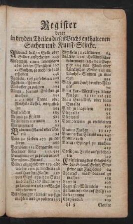 Register derer in beyden Theilen dieses Buchs enthaltenen Sachen und Kunst-Stücke.