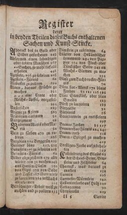 Register derer in beyden Theilen dieses Buchs enthaltenen Sachen und Kunst-Stücke.