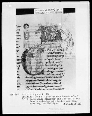 Stuttgarter Passionale — Pars hiemalis (erster Band) — Initiale C (up universalis), darin Marter und Hinrichtung der heiligen Lucia, Folio 6recto