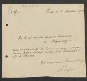 Brief von Adolf Engler an Regensburgische Botanische Gesellschaft