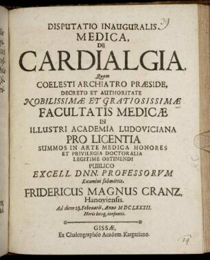 Disputatio Inauguralis Medica, De Cardialgia