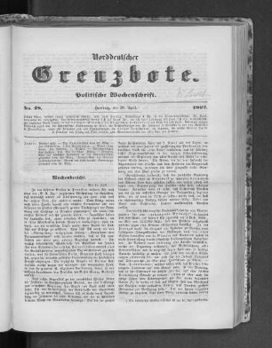 Norddeutscher Grenzbote. Politische Wochenschrift. No. 48 1862.