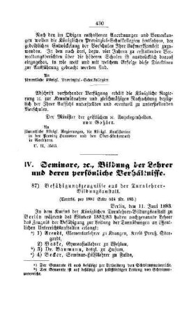 Befähigungszeugnisse aus Turnlehrer-Bildungsanstalten : IV. Seminare, etc., Bildung der Lehrer und deren persönliche Verhältnisse