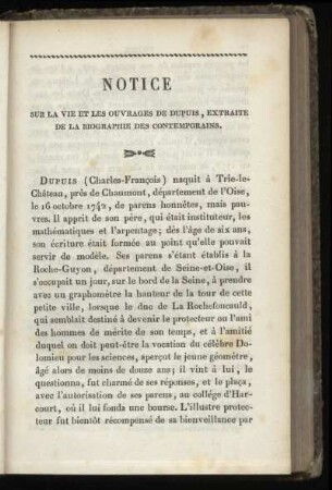 Notice sur la vie et les ouvrages de Dupuis, extraite de la Biographie des contemporains