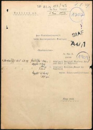 Angeklagte: Hettich, Anna Franziska; Rohrbach *26.07.1901 in Schönwald; + ? Hettich, Adelbert (Altvogtsbauer); Rohrbach *29.03.1896 in Rohrbach; + ? Delikt: Verbrechen gegen die Kriegswirtschaftsverordnung Schwarzschlachtung Tatort: Rohrbach Tatzeit: Winter 1941/1942 - Winter 1942/1943