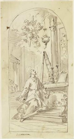 Der Heilige Costanzo di Ancona vor dem Altar kniend