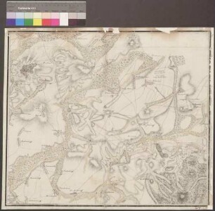 Zobten und Umgebung; [ohne Titel]; ohne Verfasser; ohne Maßstab; 51,5 x 44,5 cm; Kartenrand: Neuhoff-Guckelhausen-Lortzendorf; Pitschen-Conradswaldau-Würben; Nitschendorf-Seiffridau-Zobtenberg; Rogau-Zobten-Stottenberg; Papier; Federzeichnung mit Schraffen; Wälder besonders hervorgehoben; Siedlungen im Grundriß; Gewässer und Talauen in Wasserfarben.