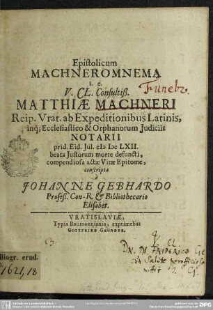 Epistolicum Machneromnema i. e. M. Machneri compendiosa actae vitae epitome