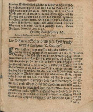 Lit. D Extract Schreibens sehl. H. Bruchtorffens Witben an D. Krauthoff.