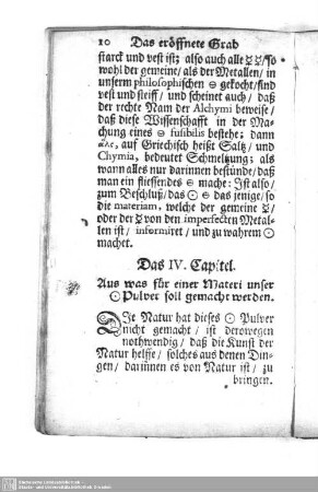 Das IV. Capitel. Aus was für einer Materi unser [Gold] Pulver soll gemacht werden.
