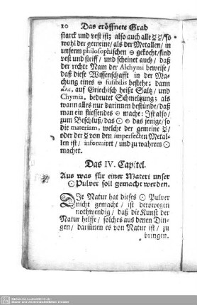 Das IV. Capitel. Aus was für einer Materi unser [Gold] Pulver soll gemacht werden.