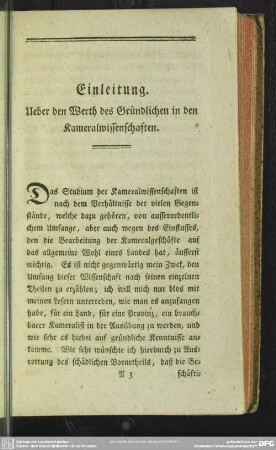 Einleitung. Ueber den Werth des Gründlichen in den Kameralwissenschaften