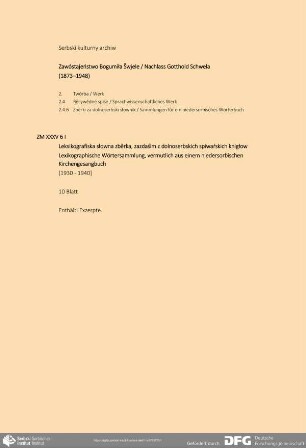 Lexikographische Wörtersammlung, vermutlich aus einem niedersorbischen Kirchengesangbuch