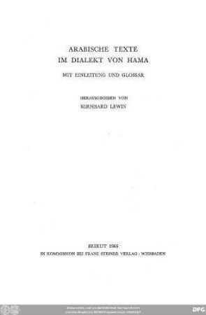 Arabische Texte im Dialekt von Hama : mit Einleitung und Glossar