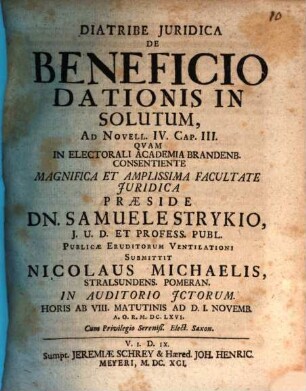 Diatribe Iuridica De Beneficio Dationis In Solutum : Ad Novell. IV. Cap. III.