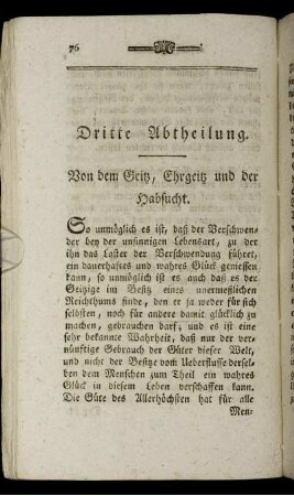Dritte Abtheilung. Von dem Geiz, Ehrgeiz und der Habsucht.