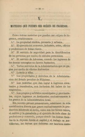 V. Materias que pueden ser orígen de ingresos