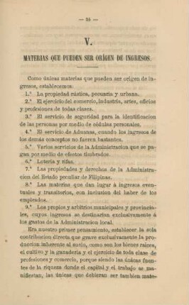 V. Materias que pueden ser orígen de ingresos