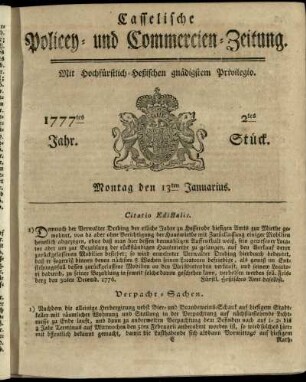 2tes Stueck, Montag den 13ten Januarius 1777