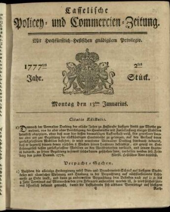 2tes Stueck, Montag den 13ten Januarius 1777