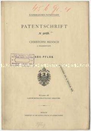 Patentschrift eines Saat-Pfluges, Patent-Nr. 4029