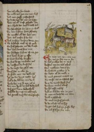 Löwe vor zerlegtem Hirsch, Ziege, Ochse und Schaf ; (Von den vier Gesellen, Kapitel VIII nach Pfeiffer)